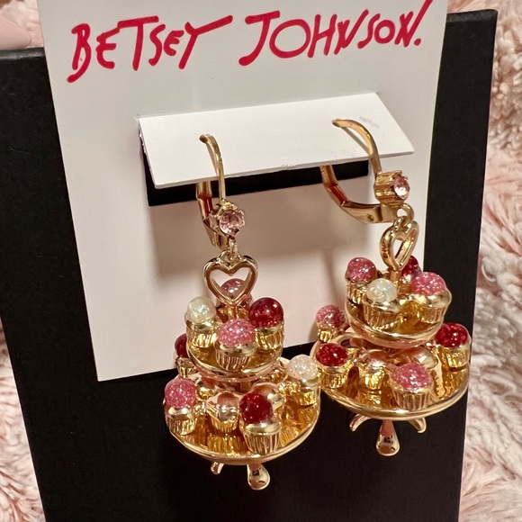 Betsey Johnson Gold Tone Two Tier Cupcake Stand Drop Earrings | NEW - Picture 3 of 6